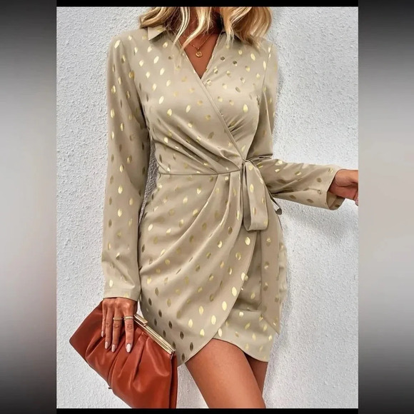 SHEIN Clasi Gold Dot Print Knot Side Wrap Dress Size M - Picture 6 of 7